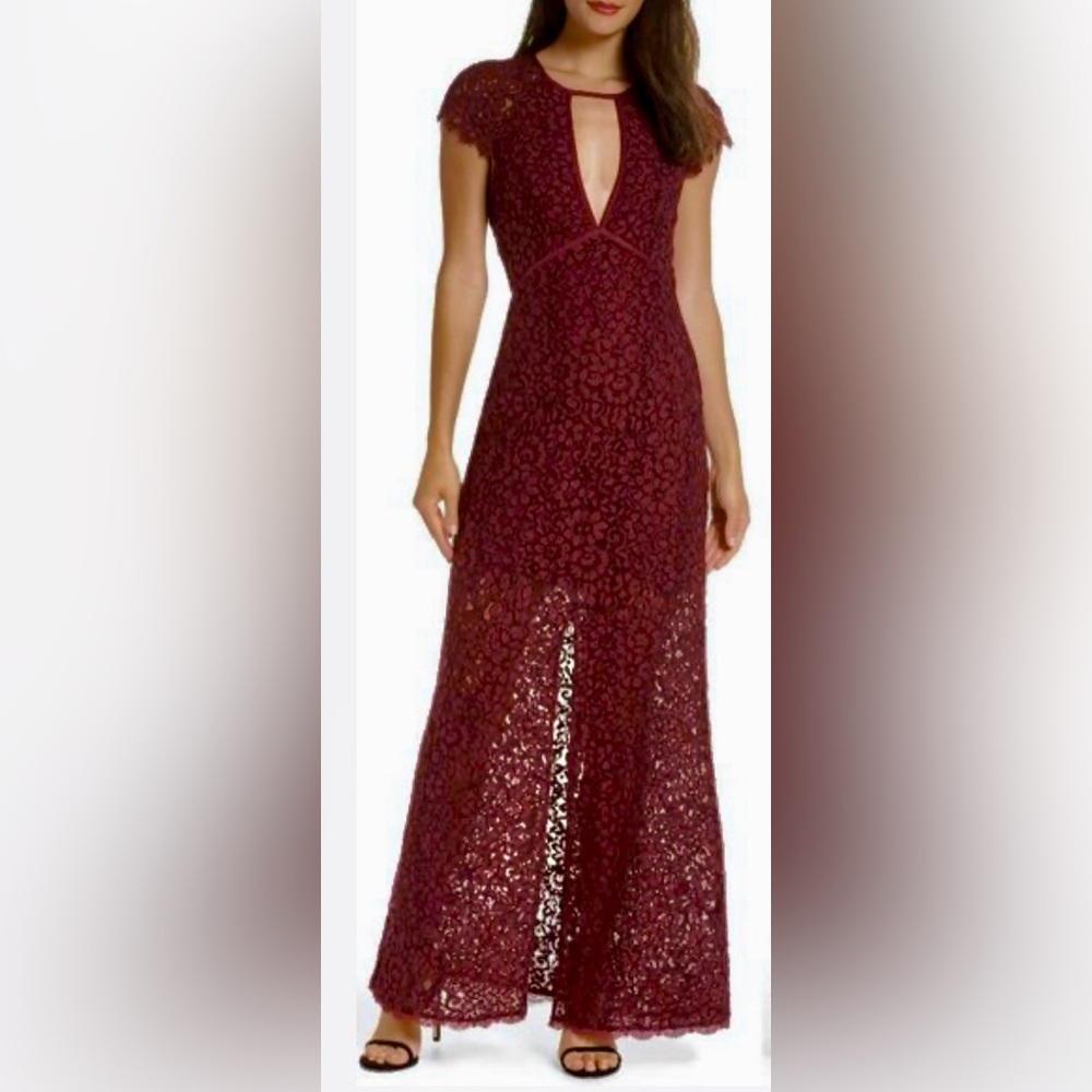 Harlyn Cap Sleeve Front Keyhole & Open Back Embroidered Lace Gown in Pomegranate